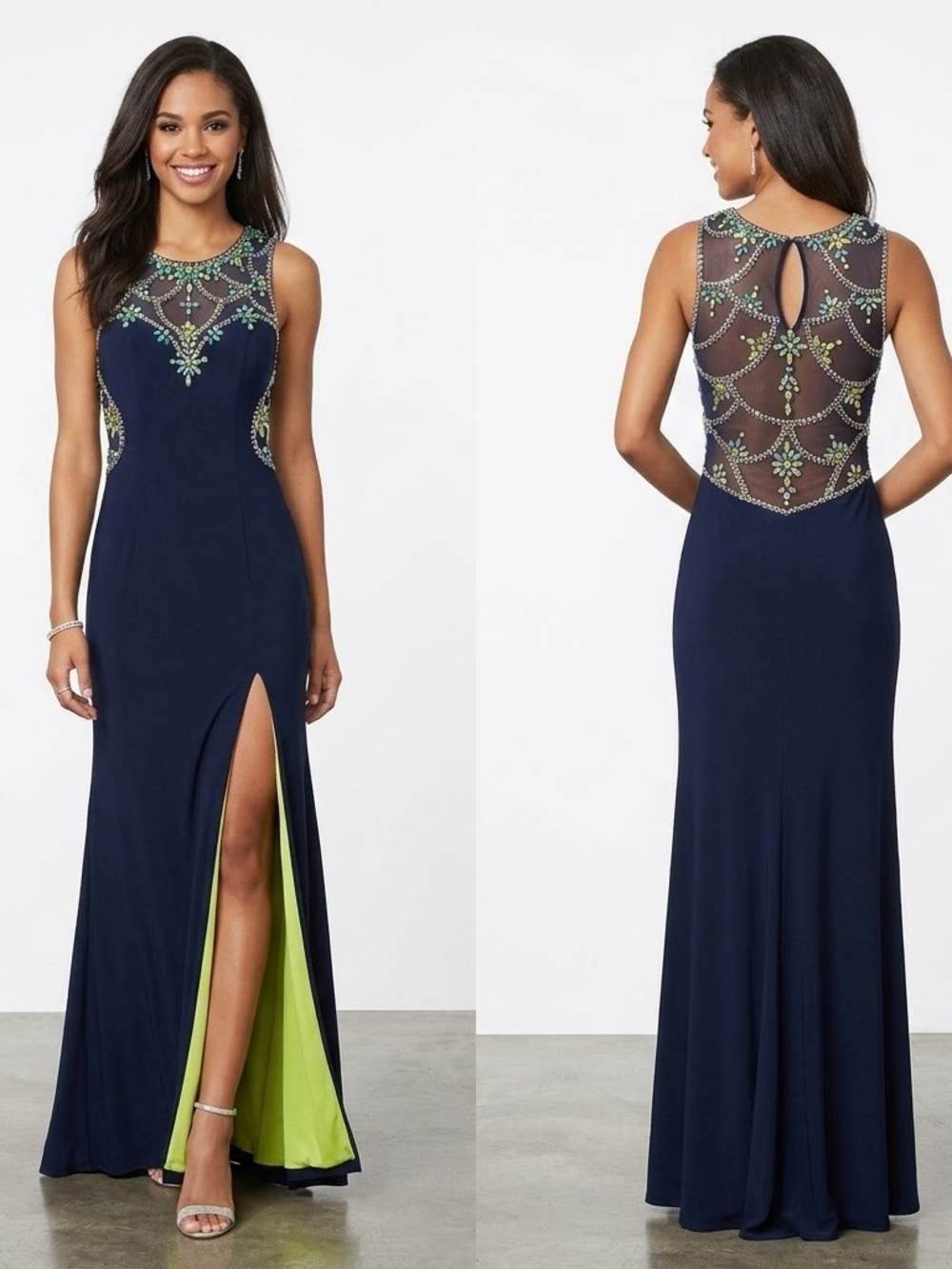 Betsy & Adam Navy Beaded Mesh Back High Slit Evening Gown Size 4 Prom Dress